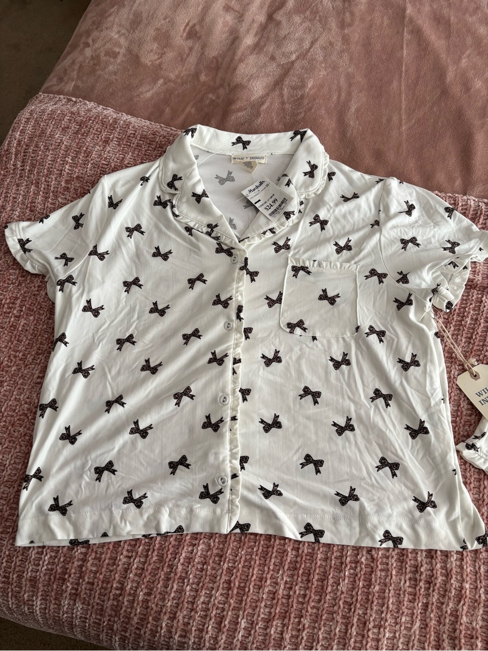 Indigo White Short Sleeve Button Pajama Top with Brown/Black Bow Motif